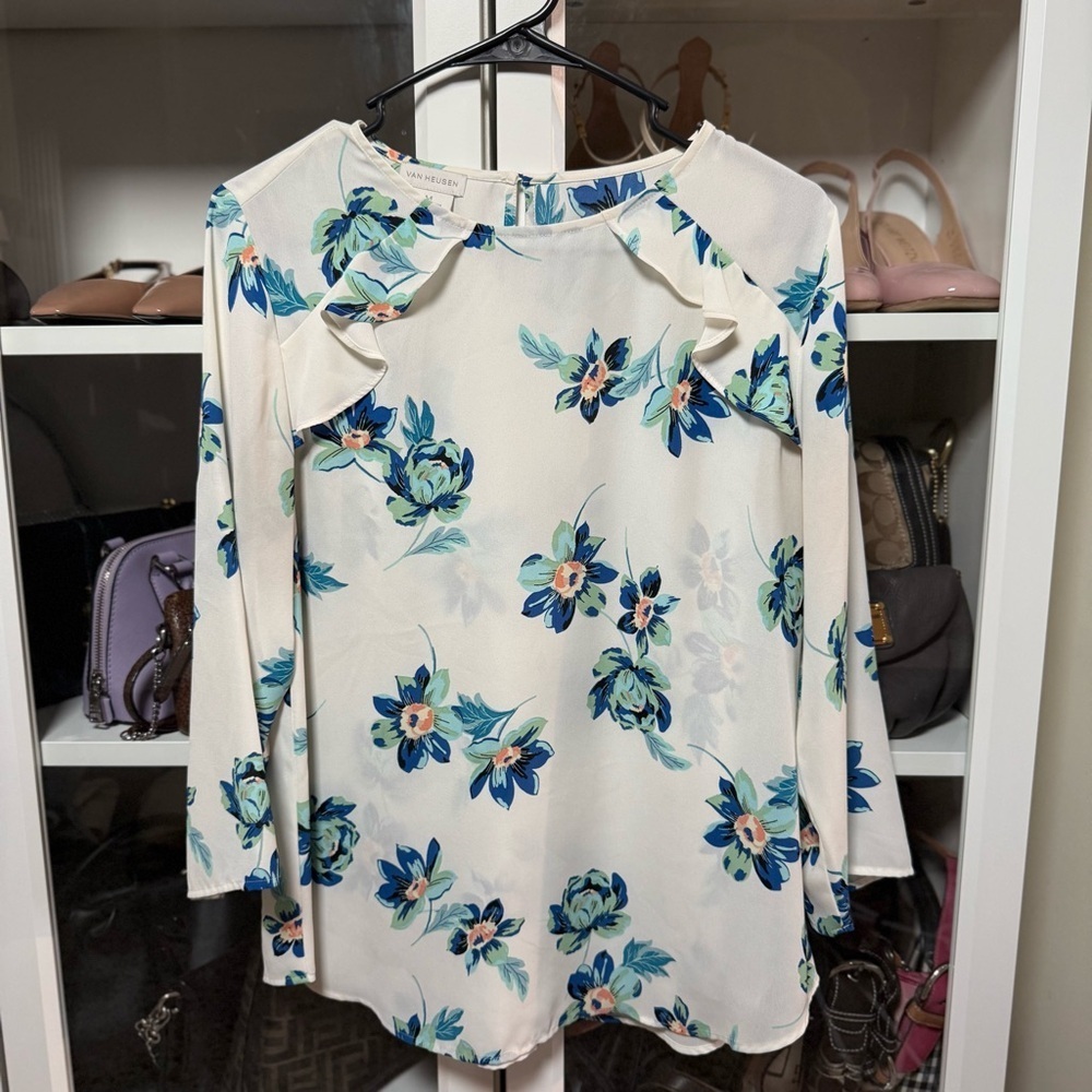 Van Heusen White Floral Print Long Sleeve Blouse Women’s Size Medium